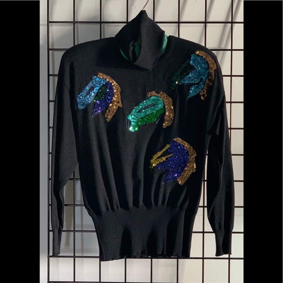 Vintage Escada Turtleneck Sweater with Multi-Color Sequin Detailing - Picture 2 of 3